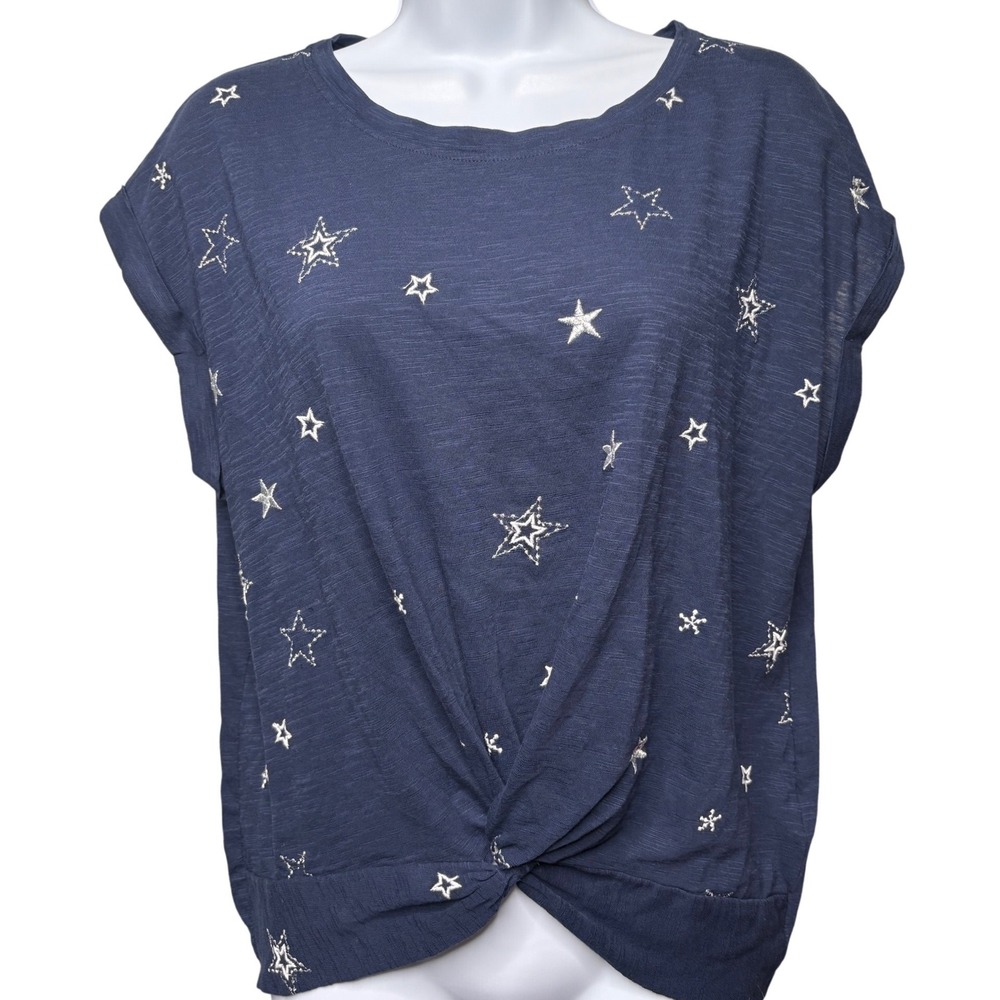 LUCKY BRAND Womens Navy Blue Star Embroidered Twist Front T-Shirt M Casual Fun